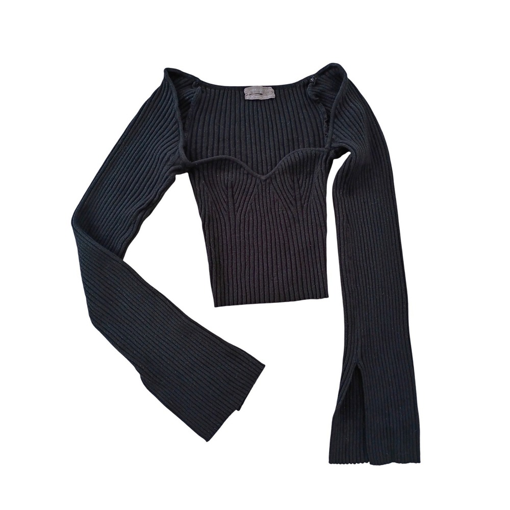 Urban Outfitters Black Ribbed Square Neck Long Sleeve Cropped Top XS